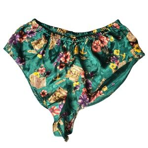 90s Emerald‎ Green Satin Panties Floral Academic Book & Candle Print M